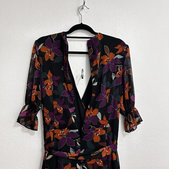 Calvin Klein Floral Asymmetrical Wrap Dress Sz 16 Surplice Neckline Ruffle Cuff - Picture 8 of 13